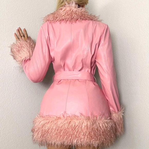 Women's Pink Unicorn Faux Leather Fur Lined WinterCoat - Picture 2 of 5